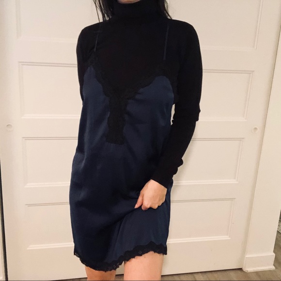Navy & Black Lace Slip Dress - Picture 1 of 5